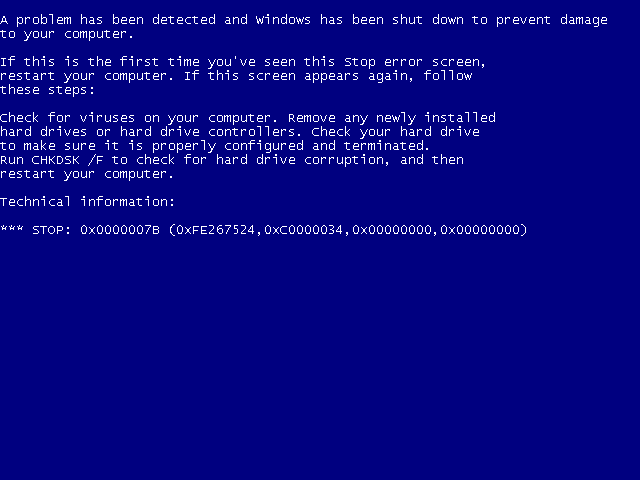 Windows XP BSOD screen consisting of white Lucida Console text on blue background indicating that a problem has been detected and Windows has been shutdown